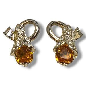 Vintage Amber Topaz Rhinestone Flower Bud Screw Back Earrings Gold Tone